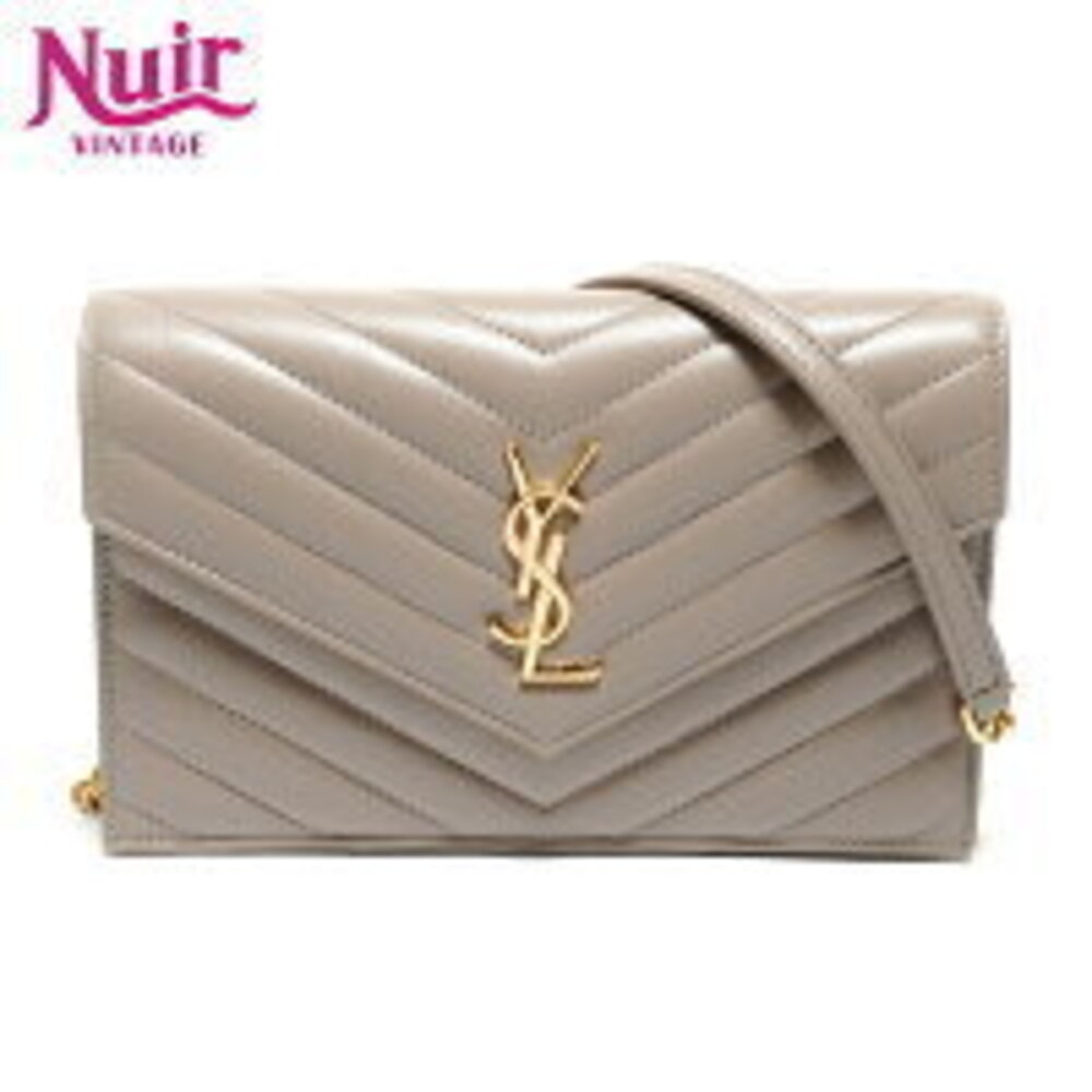 Yves Saint Laurent Cassandra Leather V Stitch Chain Wallet Shoulder Bag Gray